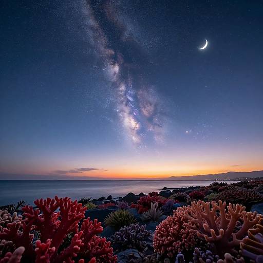 Photograph of a vibrant sunset seascape with colorful coral reefs in the foreground, a Milky Way galaxy streaking across the starry night sky, and