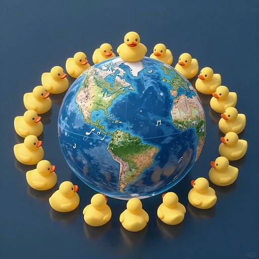 Photograph of a blue Earth with detailed continents surrounded by 16 yellow rubber ducks arranged in a circular pattern on a dark blue surface.