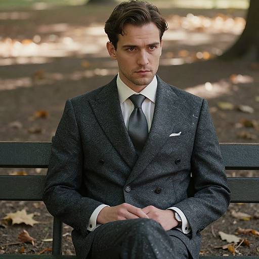 Photograph of a serious, handsome man with dark brown hair, wearing a gray tweed suit, white shirt, and black tie, sitting on a