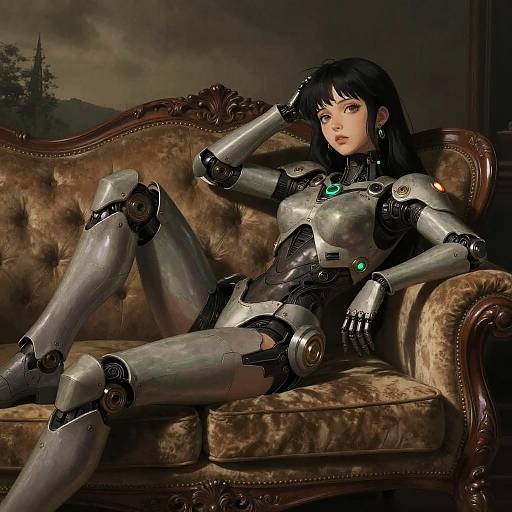 Digital artwork of a sleek, silver robotic woman with black hair, green accents, lounging on an ornate, brown velvet couch.