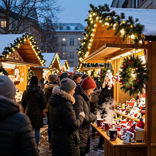 Christmas Market at Dusk with Wooden Stalls and Holiday Decorations