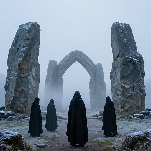 Frostbound Valley with Cloaked Figures