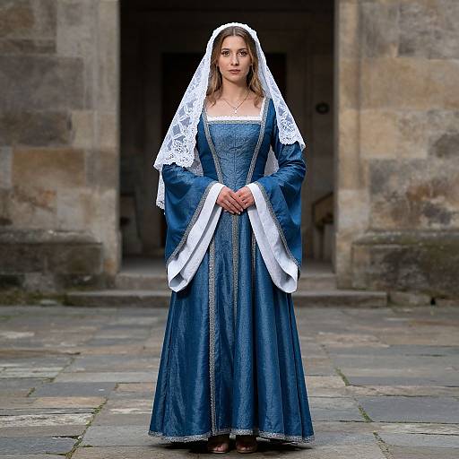 Photograph of a young Caucasian woman in a blue medieval-style dress with white lace veil and sleeves, standing in front of a stone building entrance.