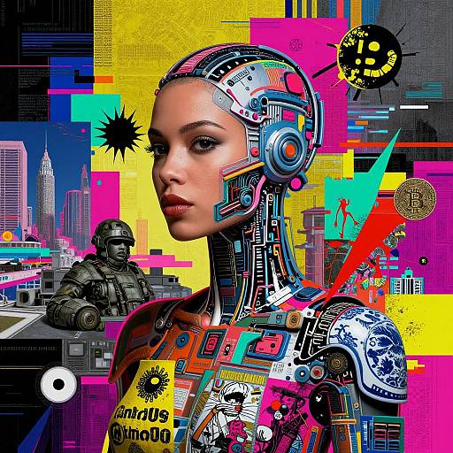 Digital art of a cybernetic woman with colorful, neon patterns, robotic headgear, and futuristic cityscape background, featuring a soldier in armor.