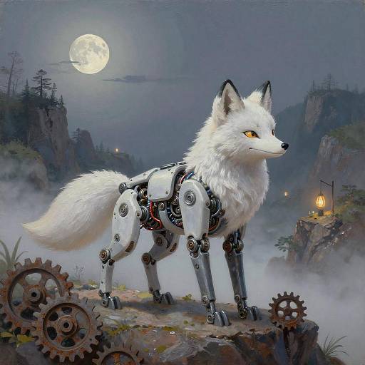 Robotic Fox on a Moonlit Cliff