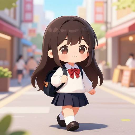 Chibi anime girl with long brown hair, white shirt, red bow, black skirt, and backpack walks down a sunny, colorful street.