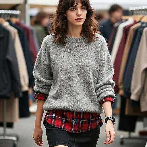 Photograph of a young woman with wavy brown hair, wearing a gray knit sweater over a red plaid shirt, standing in a bustling clothing store