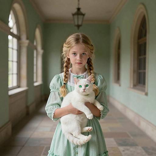 Vintage Girl with Cat in Historic Hallway