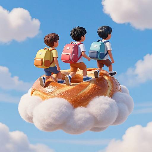 Three cartoon boys with backpacks sit on a cloud-shaped orange slice, floating in a bright blue sky with fluffy white clouds.