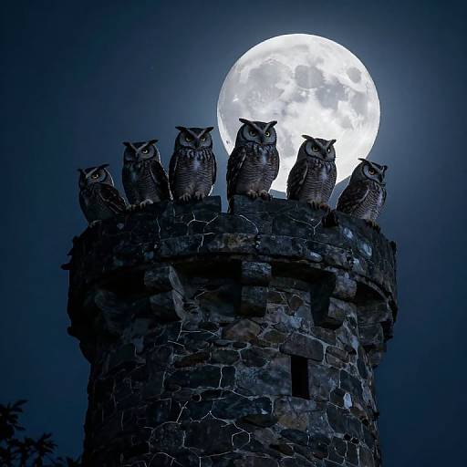 Photograph of six owls perched on a stone tower against a bright full moon in a dark blue night sky.