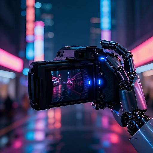 Close-up photograph of a robotic camera arm with glowing blue screen, capturing a neon-lit urban street at night.