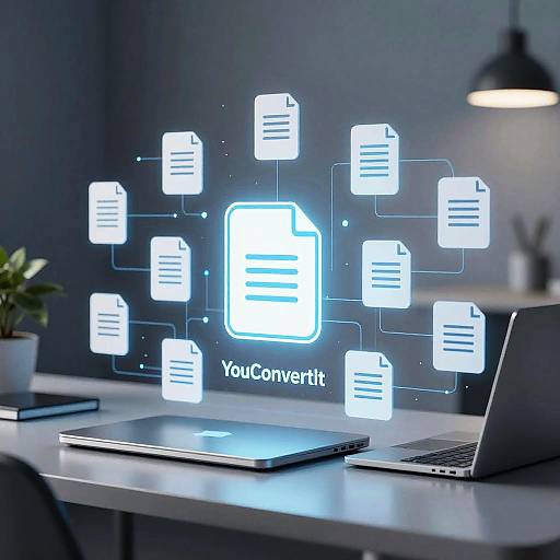 Digital illustration of glowing white file icons connected by lines, hovering above laptops on a modern, blue-toned desk. 