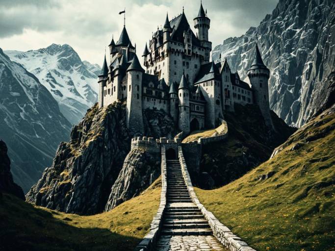 Majestic Castle in Mountain Fantasy Art