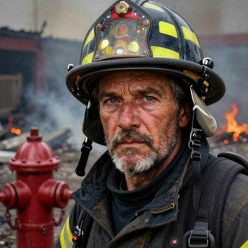 Photograph of a rugged, middle-aged firefighter with gray beard, wearing a reflective helmet and black jacket, standing near a red fire hydrant amid sm