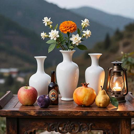Still Life with White Vases and Fruits on Tibetan Altar Table