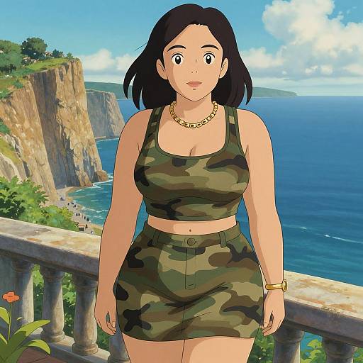 Anime-style illustration of a curvy woman with black hair, wearing a camouflage crop top and skirt, gold necklace and bracelet, standing on a coastal balcony