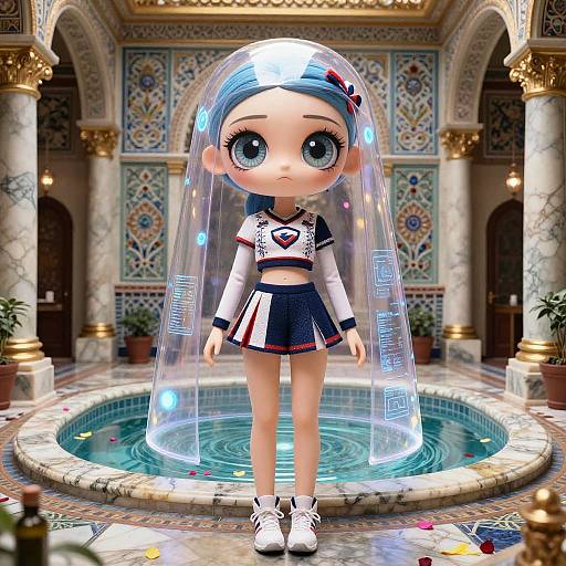 Futuristic Cheerleader Doll in Ornate Room