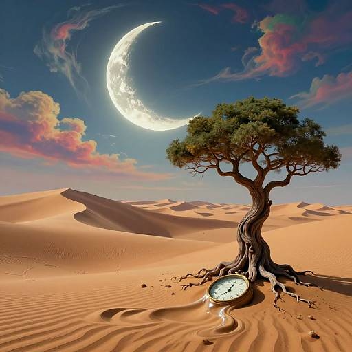 Digital art: A surreal desert scene with a crescent moon, a gnarled tree with a clock at its base, and rippled sand d