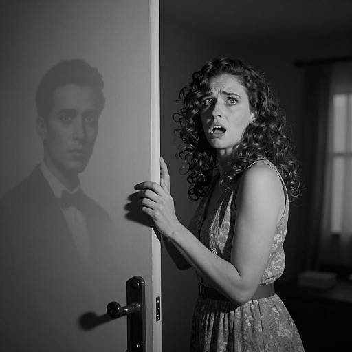 Frightened Woman in Dim Room with Shadowed Portrait