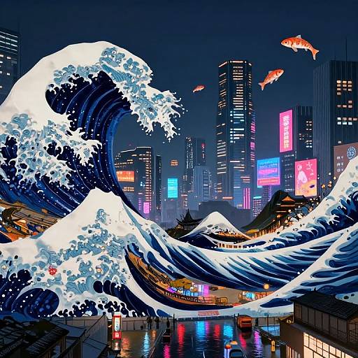 Digital artwork of a vibrant, neon-lit cityscape at night with massive, white-capped ocean waves and floating orange fish against a backdrop of glowing