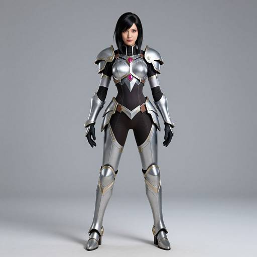 CGI image of a confident woman with black hair in silver and black armored suit, standing against a plain gray background.