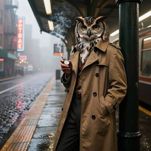 Noir Detective Owl at Foggy Station