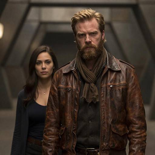 Bearded man in leather jacket with woman in industrial hallway