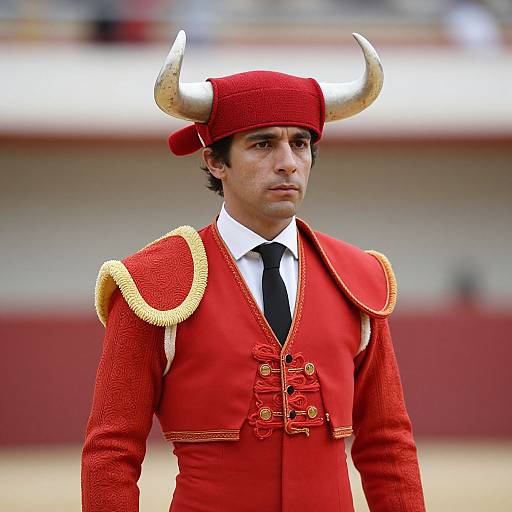 Photograph of a young male matador with olive skin, wearing a red suit with gold trim, black tie, and red hat with horns, standing