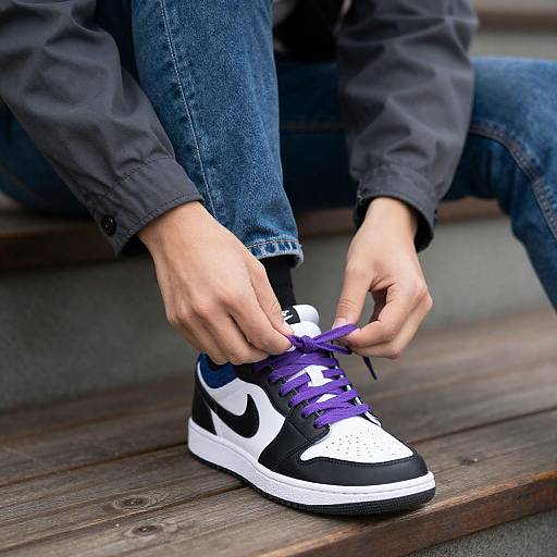 Tying Purple Laces on Sneakers