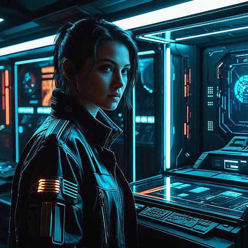 Cyberpunk Woman in Futuristic Control Room