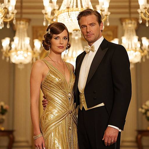 Vintage Glamour Couple Under Chandeliers