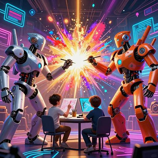 Photorealistic CGI: Two robot fighters in white and orange clash, exploding in a colorful burst of light; two children watch from chairs at a table
