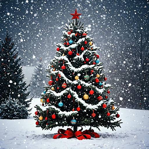 Glowing Christmas Tree in Snowfall