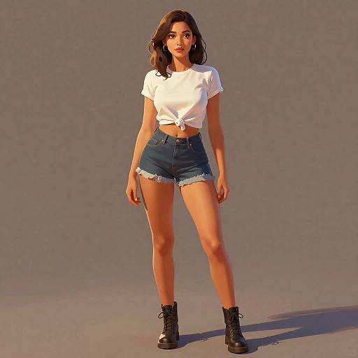 Photorealistic CGI of a young woman with medium brown skin, wavy dark brown hair, wearing a tied white crop top, high-waisted