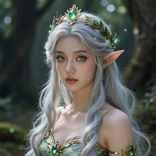 Digital artwork of a beautiful, ethereal elf woman with long, silver hair, green eyes, pointed ears, wearing a golden leaf crown and matching dress