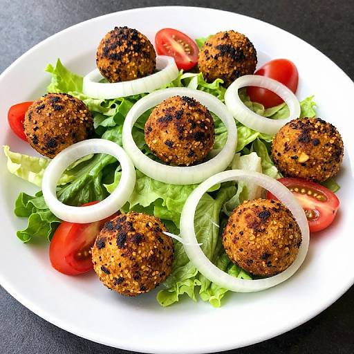 Photograph of a white plate with six golden-brown, crumb-coated meatballs, fresh lettuce, white onion rings, and cherry tomato slices