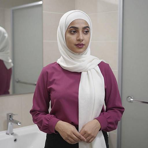 Woman in White Hijab in Modern Bathroom