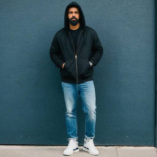 Man in Black Hoodie and Jeans Against Blue Wall