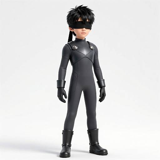 CGI image of a blindfolded, black-haired child in a tight, black, form-fitting ninja suit with gloves and boots, standing against