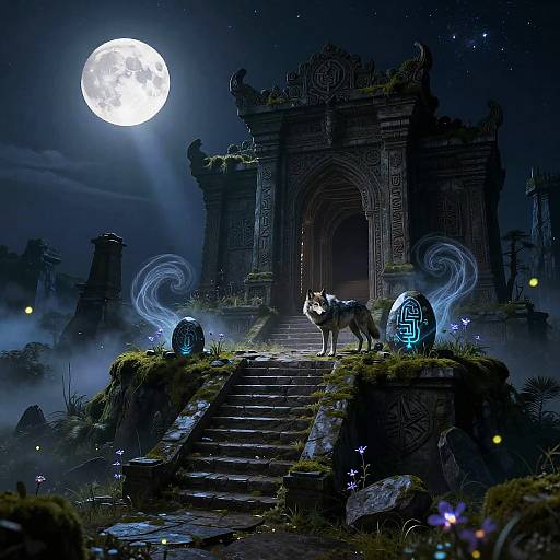 Mythical Nightscape in Ancient Ruins