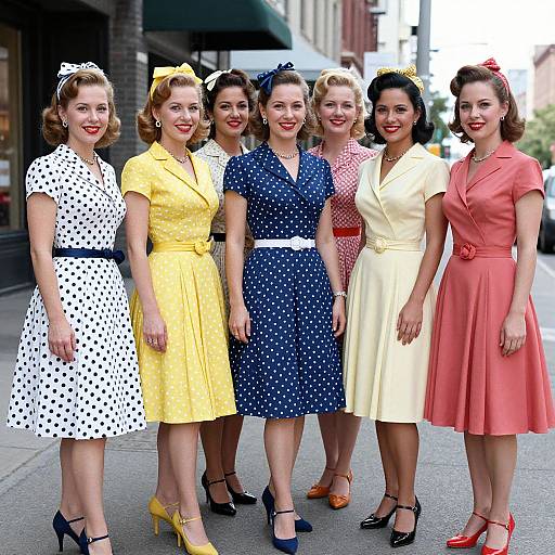 Photograph of six smiling women in 1950s-style dresses, polka dots, yellow, blue, white, and pink, standing on a