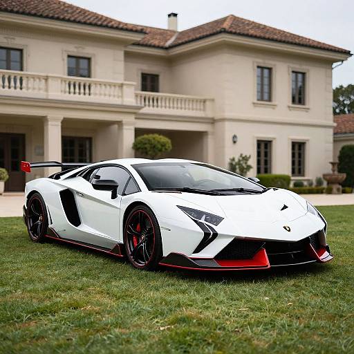 Photograph of a sleek, white and black Lamborghini with red accents parked on a manicured lawn in front of a luxurious, two-story beige mansion