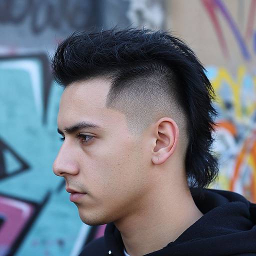 Photograph of a young man with light brown skin, black mohawk-style haircut, side-swept undercut, wearing black hoodie, looking profile-left