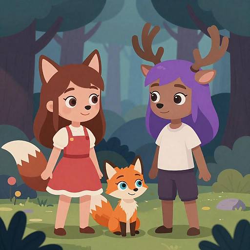Fox-Eared Girl and Deer in Vibrant Forest
