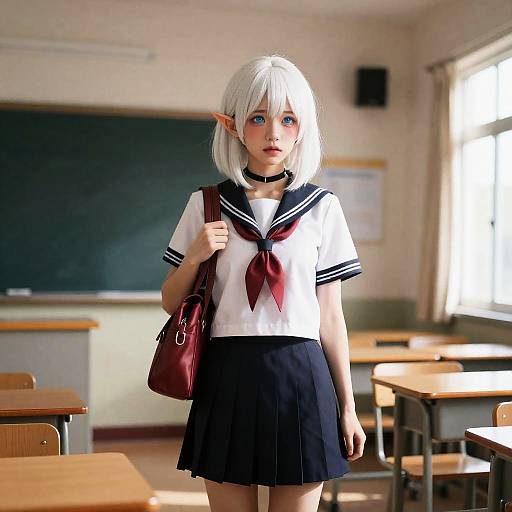 Shy Schoolgirl in Sunlit Classroom
