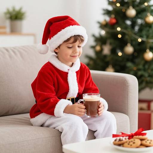 Photograph of a young boy in a red Santa outfit, white fur trim, holding a chocolate mug, sitting on a grey couch, Christmas tree and