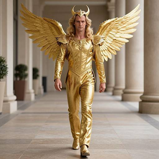 Photograph of a tall, blonde man with golden wings, crown, and armor, walking down a grand, colonnaded hallway in shimmering gold