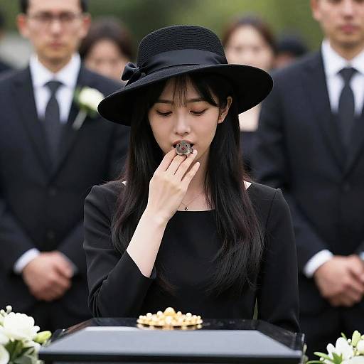 Photograph of an Asian woman in a black dress and hat, eating a cookie at a formal outdoor event, surrounded by men in black suits.