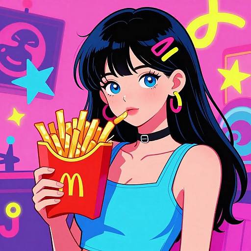 Anime-style digital artwork of a black-haired woman with blue eyes, wearing a blue tank top, choker, and pink hair clips, eating from a