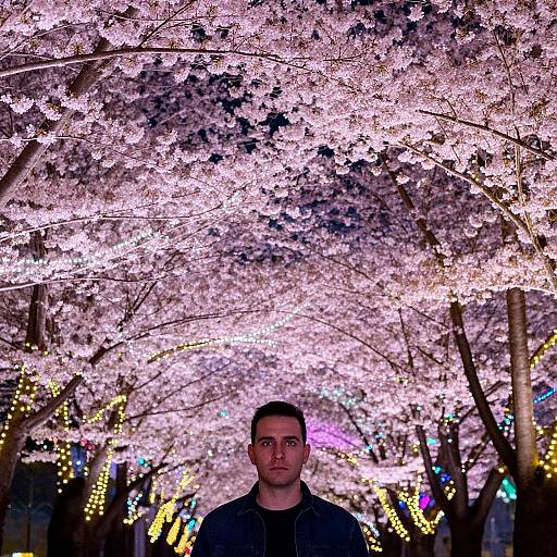 Photograph of a serious young man with short dark hair standing under illuminated cherry blossom trees at night, surrounded by colorful lights.